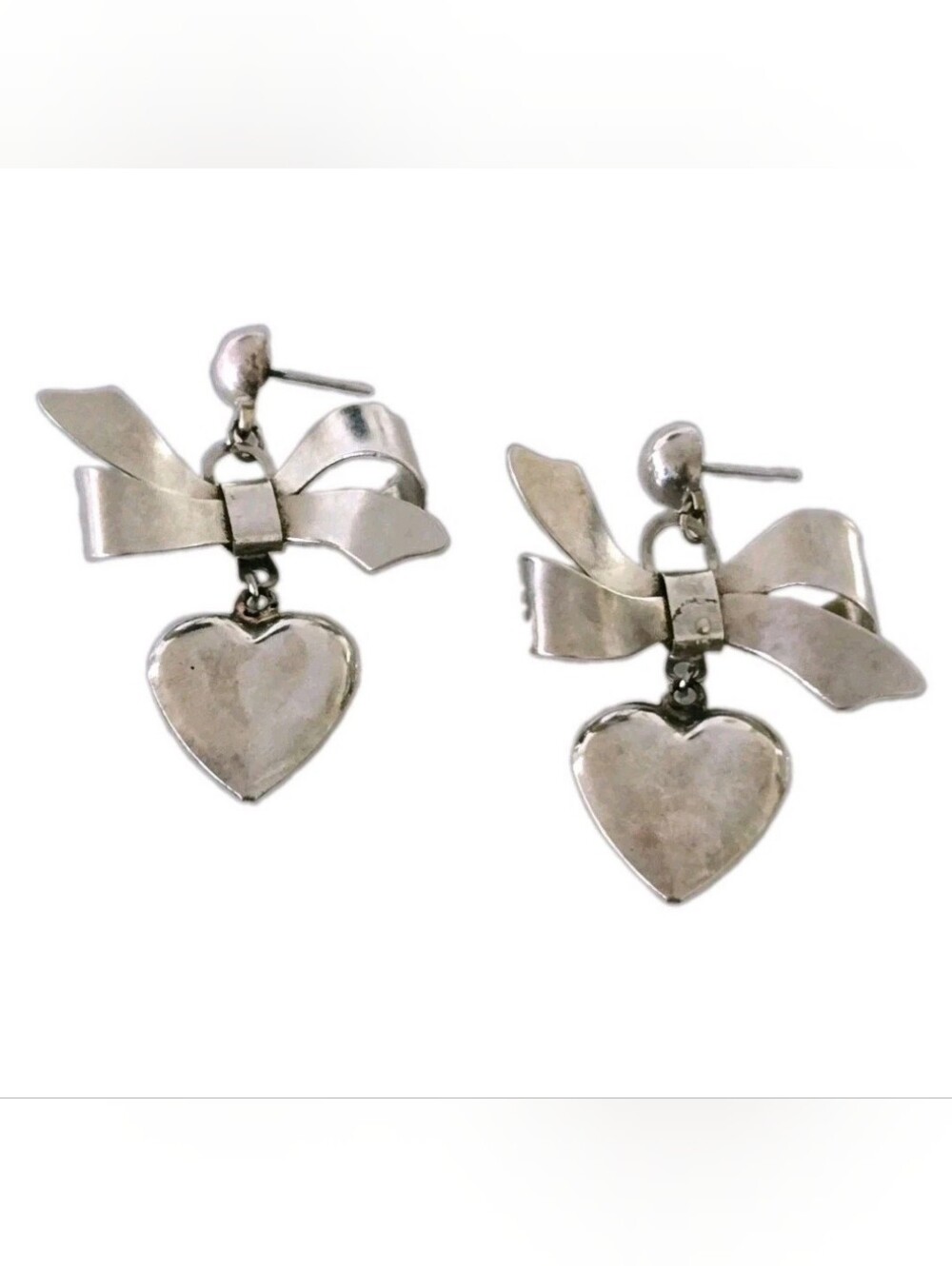 Vtg 80s 90s Silver Plated Heart & Bow Dangle Earrings